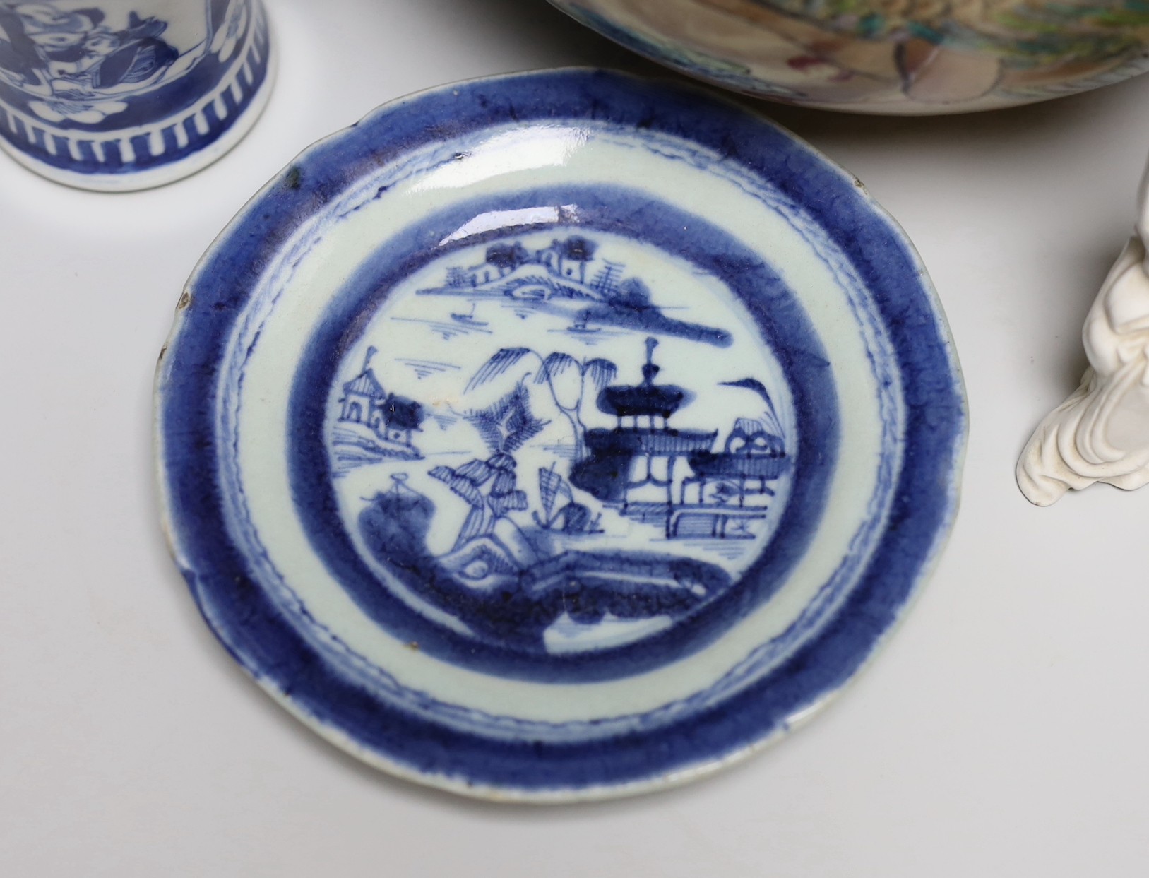 A Chinese blue and white gu vase, a baluster vase, a dish etc.